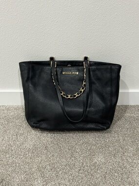 Michael Kors Black Leather Tote with Gold Chain Accent